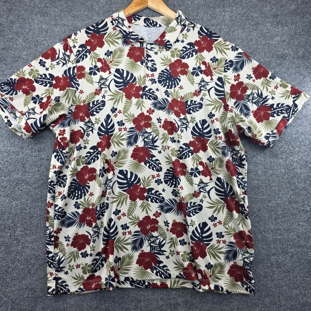 Caddy Cart Mens XL Tropical‎ Marlin Floral Performance Golf Polo Shirt Cream Red